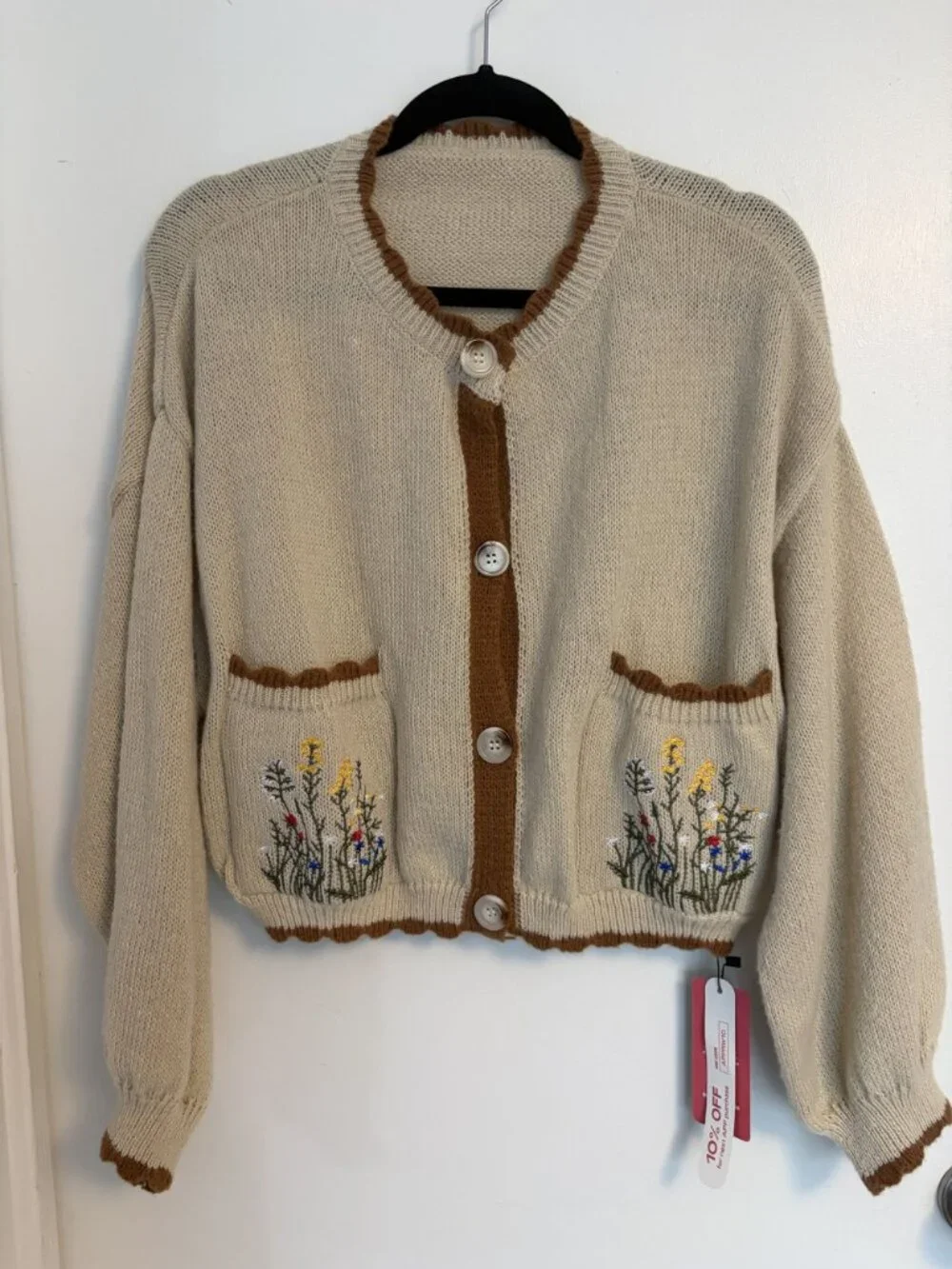 Cottagecore Beige Knit Cardigan 1XL Floral Embroidery Pockets Button Spring NEW - Picture 15 of 16